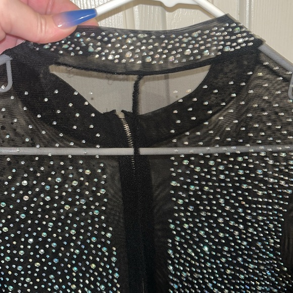 Women’s long sleeve, biker short, 1 piece sheer bodysuit with rhinestones - Picture 5 of 16